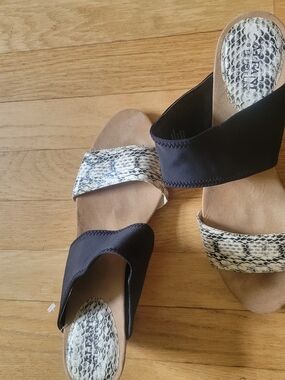Alfani Black and Snake-Print Slide Sandals with Tan Footbed